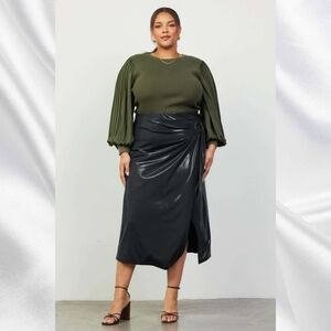 Black Faux Leather Ring Details Wrap Midi Skirt